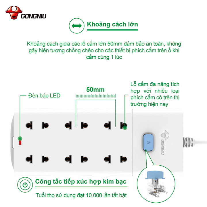 Ổ Cắm Điện Chống Cháy GONEO Đa Năng 6 Ổ 1 Công Tắc 2500W – V1060 – Chính Hãng – An Toàn – Tiện Lợi