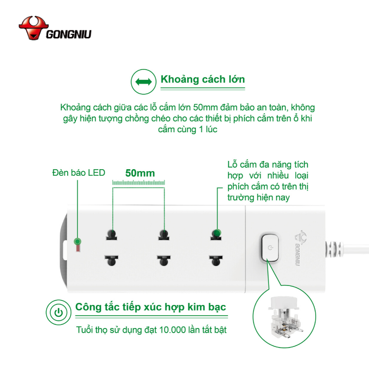 Ổ Cắm Điện Chống Cháy GONEO Đa Năng 3 Ổ 1 Công Tắc 2500W – V1030 – An Toàn – Chống Cháy