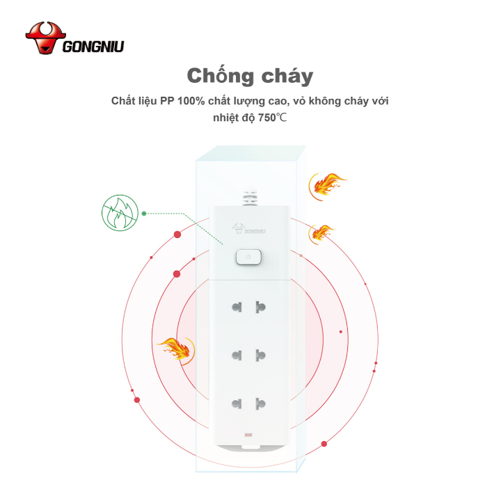 Ổ Cắm Điện Chống Cháy GONEO Đa Năng 3 Ổ 1 Công Tắc 2500W – V1030 – An Toàn – Chống Cháy