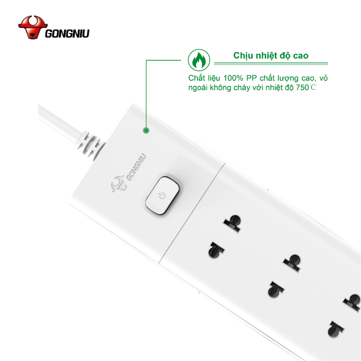 Ổ Cắm Điện Chống Cháy GONEO Đa Năng 3 Ổ 1 Công Tắc 2500W – V1030 – An Toàn – Chống Cháy