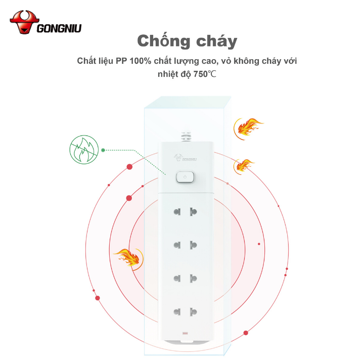 Ổ Cắm Điện Chống Cháy GONEO Đa Năng 4 Ổ 1 Công Tắc 2500W – V1040 – Chính Hãng – Chống Cháy
