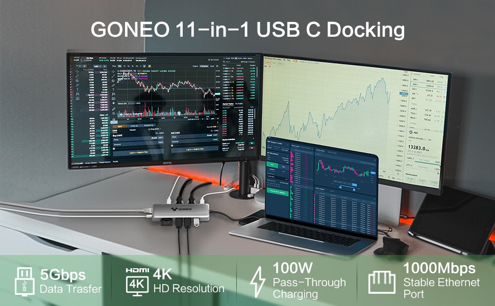 HUB GONEO 11 in 1 USB-C Docking Station, DEX với 2 cổng HDMI 4K, Sạc Nhanh Chuẩn PD 100W ,5Gbps USB-C,1000Mbps Ethernet Port,USB C Dongle for MacBook, Dell XPS, Samsung Galaxy 1