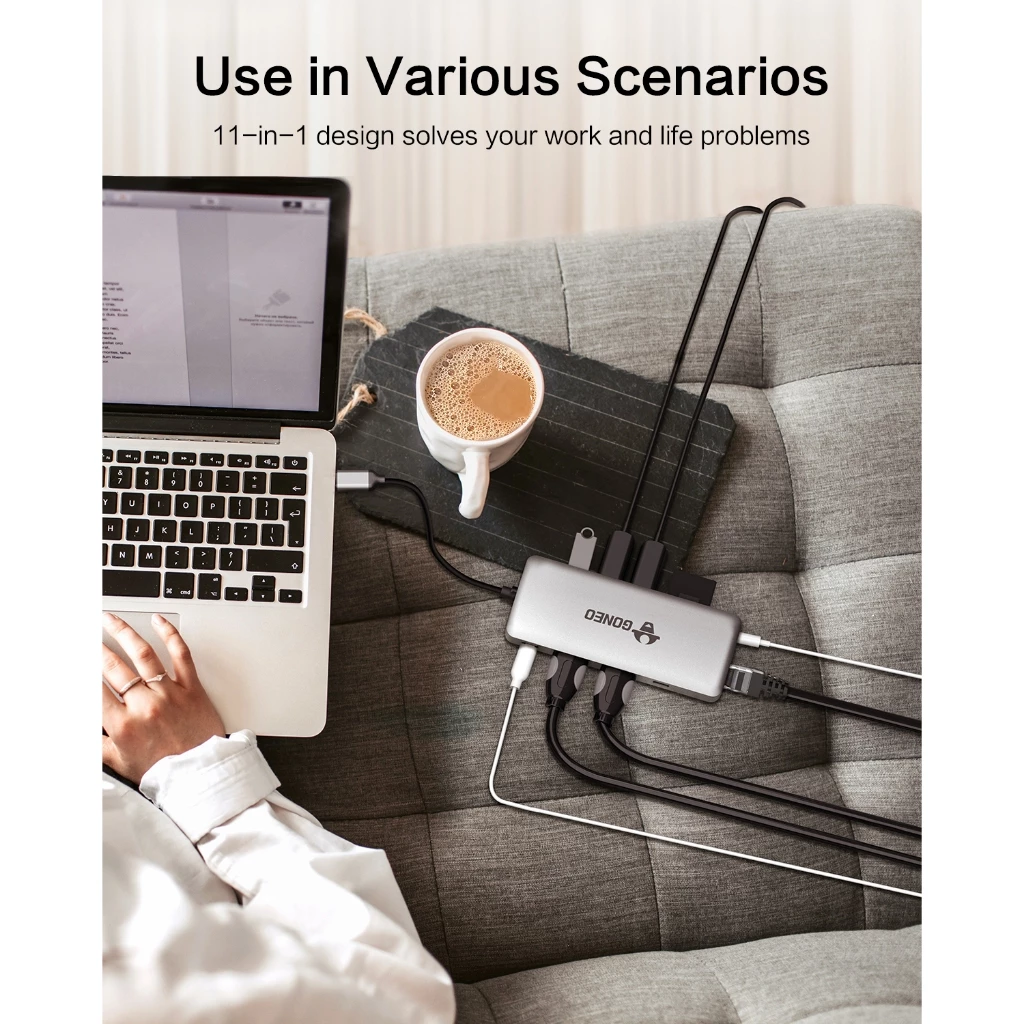 HUB GONEO 11 in 1 USB-C Docking Station, DEX với 2 cổng HDMI 4K, Sạc Nhanh Chuẩn PD 100W ,5Gbps USB-C,1000Mbps Ethernet Port,USB C Dongle for MacBook, Dell XPS, Samsung Galaxy 8