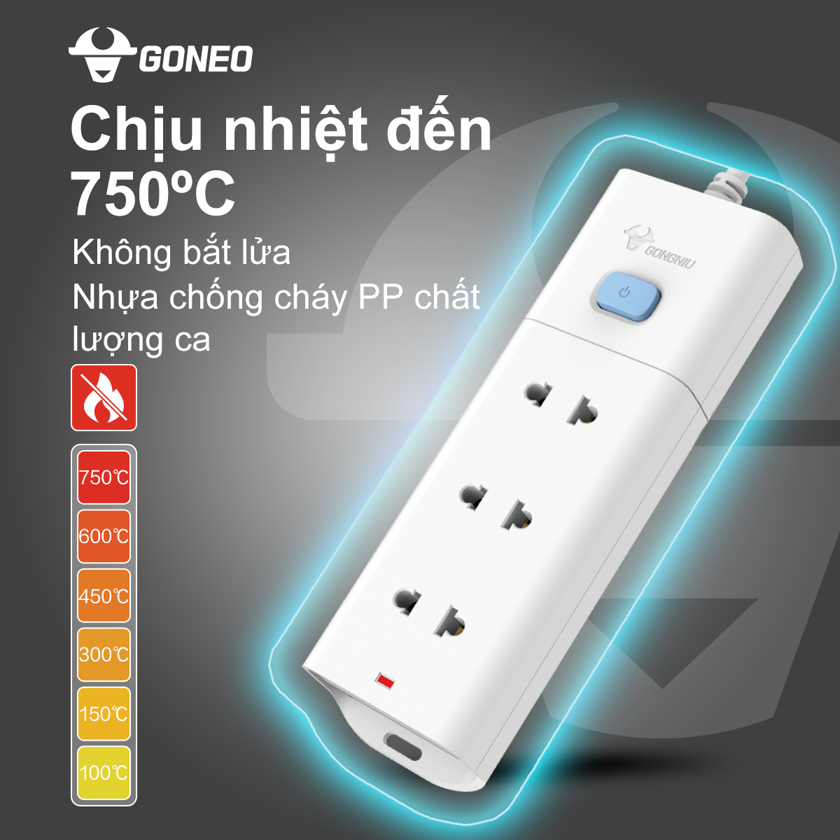 Ổ Cắm Điện Chống Cháy GONEO Đa Năng 3 Ổ 1 Công Tắc 2500W – V1030 – An Toàn – Chống Cháy
