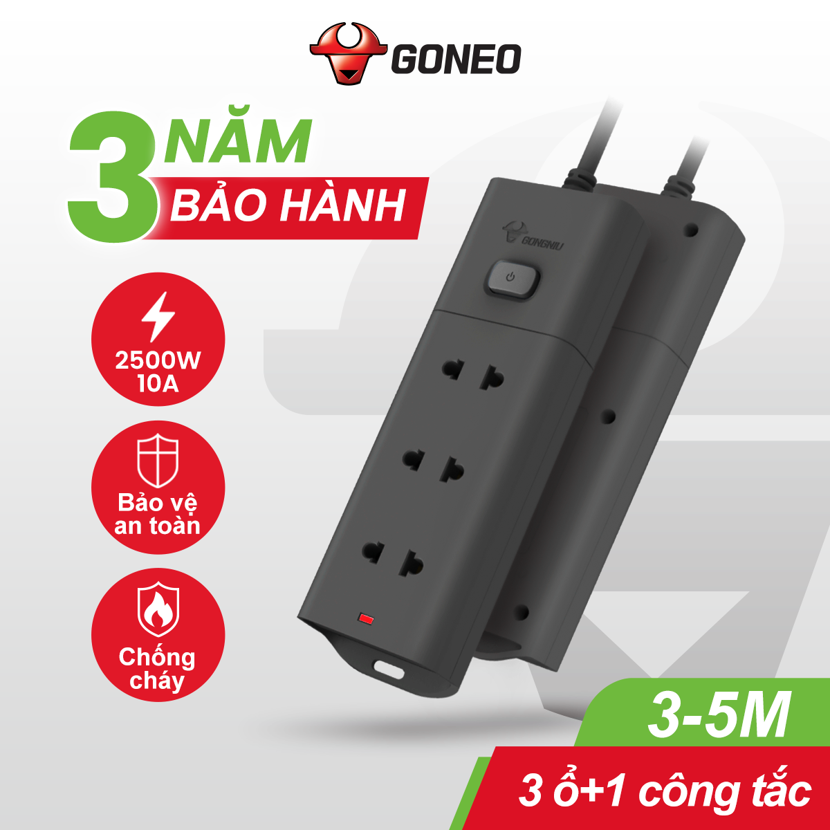 Ổ Cắm Điện Chống Cháy GONEO Đa Năng 3 Ổ 1 Công Tắc 2500W – V1030 - An Toàn - Chống Cháy 1