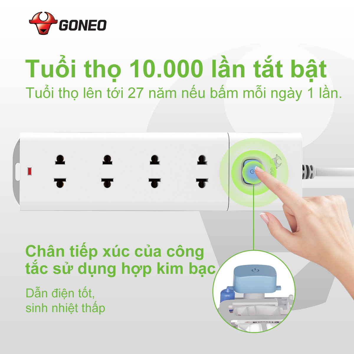 Ổ Cắm Điện Chống Cháy GONEO Đa Năng 4 Ổ 1 Công Tắc 2500W - V1040 - Chính Hãng - Chống Cháy 3