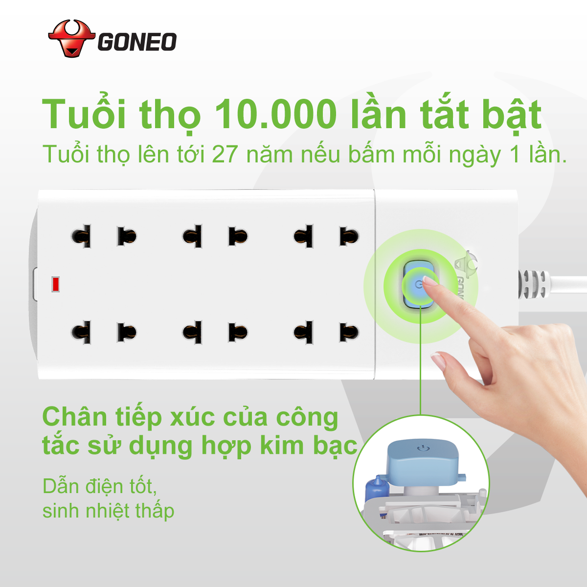 Ổ Cắm Chống Cháy GONEO Đa Năng 8 Ổ 1 Công Tắc 2500W – V1080
