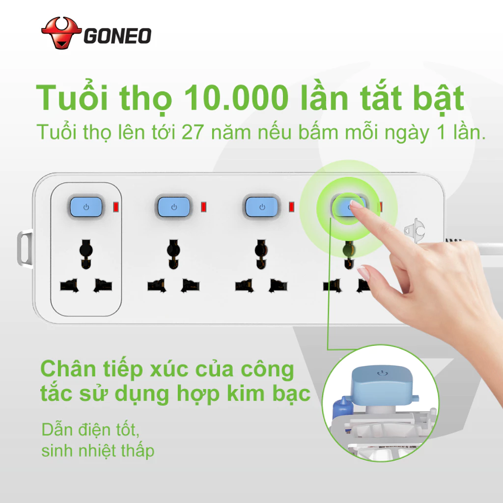 Ổ cắm điện GONEO 4 ổ đa năng 4 công tắc – Công Suất 10A/250/2500W – Trắng – Chính Hãng – N3040