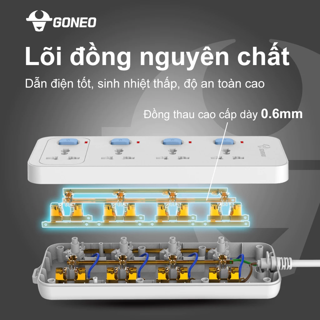 Ổ Cắm Điện Chống Cháy GONEO Đa Năng 3 Ổ 1 Công Tắc 2500W – V1030 - An Toàn - Chống Cháy 7
