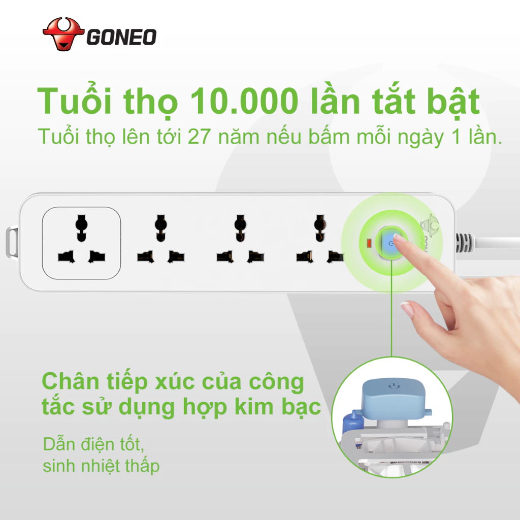 Ổ Cắm Điện GONEO N1040 – 4 Ổ Đa Năng 1 Công Tắc – Chống Cháy, Công Suất 2500W – Chính Hãng 2