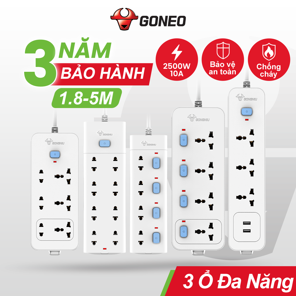 Ổ Cắm Chống Cháy GONEO Đa Năng 8 Ổ 1 Công Tắc 2500W – V1080 7