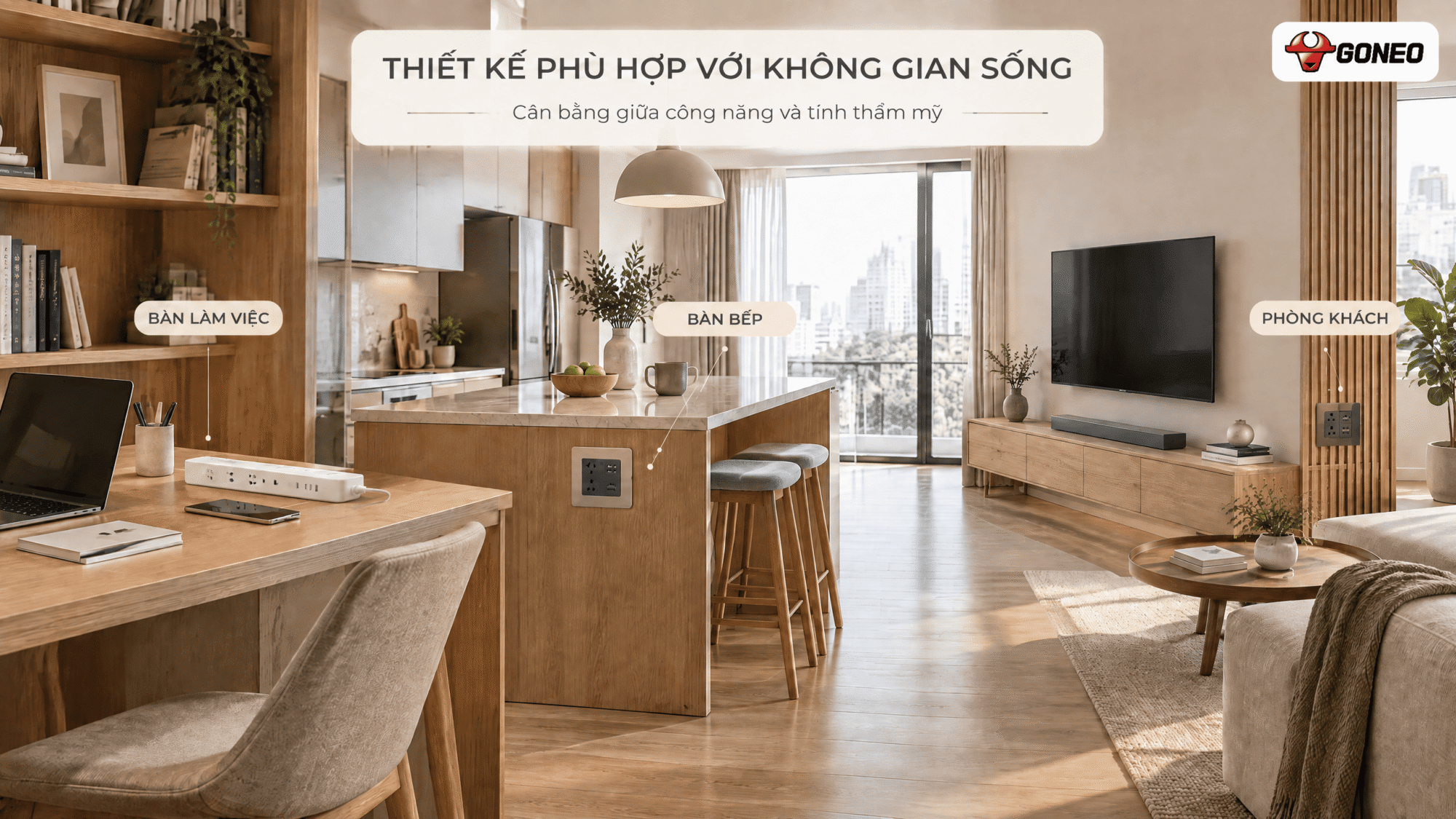 Ổ cắm điện và thiết bị Goneo trong không gian sống gia đình.